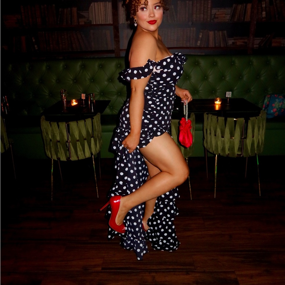 Black & White Polka Dot Ruffle Maxi Dress Cocktail / Wedding Guest / Evening - Picture 2 of 4
